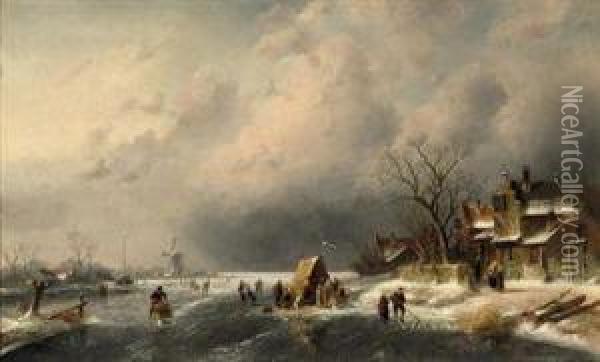 Numerous Skaters Near A Koek-en-zopie On A Frozen Waterway Oil Painting - Charles Henri Leickert