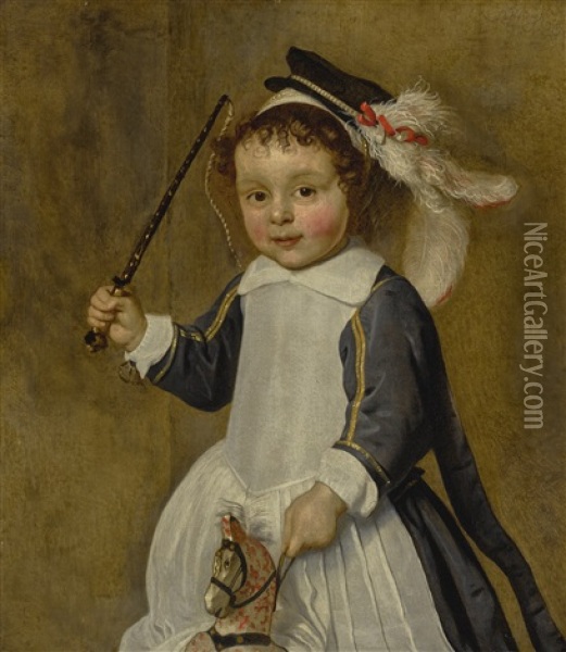 Portrait Of A Young Boy On A Hobby Horse, Three-quarter Length Oil Painting - Claude De Jongh
