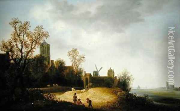 Landscape with Church and Windmill Oil Painting - Wouter Knyff