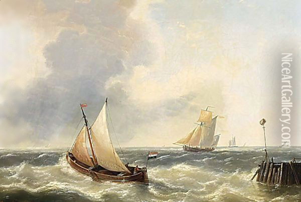 Sailingvessels In A Stiff Breeze, A Pair Oil Painting - Louis Verboeckhoven