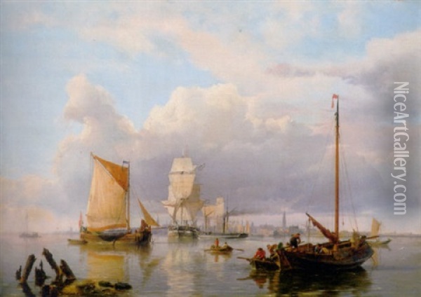 Shipping On The Scheldt With Antwerp In The Background Oil Painting - Hermanus Koekkoek the Elder