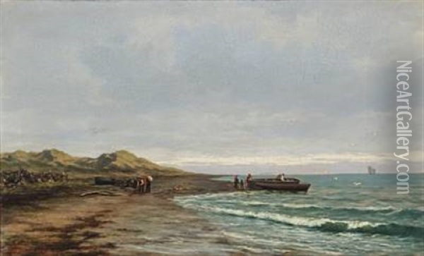 Coastal View With Boats And People On The Beach (norway?) Oil Painting - Johan Larssen