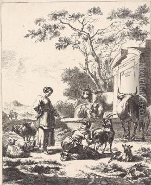 Hirtinnen Mit Vieh An Einer Tranke Oil Painting - Nicolaes Berchem