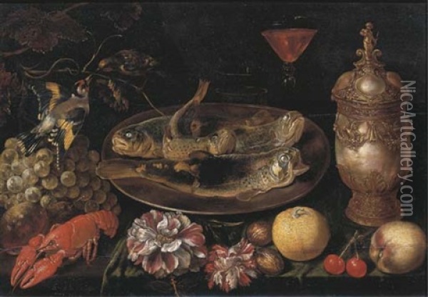 Trouts On A Silver Platter, A Facon De Venise Wine Glass, A Nautilus Gold Mounted Mother-of-pearl Jar With Cover, With Gold Cupid Finial, Fruit, Walnuts, Carnations And A Lobster, On A Draped Table Oil Painting - Ernest De Lairesse