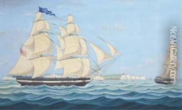 The Homeward-bound Brig Commerce, Under Full Sail, Depicted In Two Positions Off Dover Oil Painting - Miles Walters