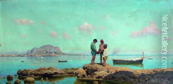 Enfants Pechant Dans La Baie De Palerme, Au Loin, Le Mont Pellegrino Oil Painting - Francesco (Luigi) Lojacono