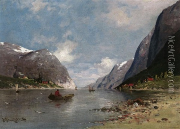 Sommer In Einem Norwegischen Fjord, Auf Dem Wasser Ein Ruderboot Oil Painting - Johann Jungblut