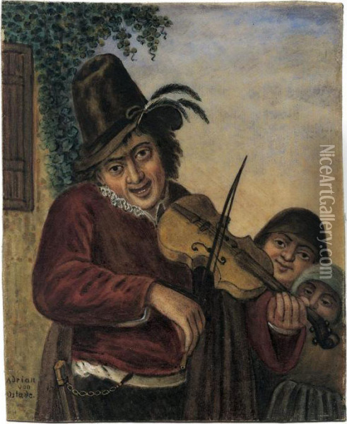 Geiger, Zwei Kindern Eine Melodie Spielend Oil Painting - Adriaen Jansz. Van Ostade