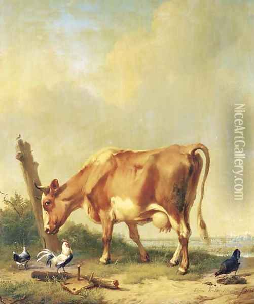 La vache rouge et blanche se frottant la tete contre un morceau de bois Oil Painting - Eugene Verboeckhoven