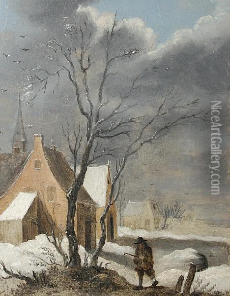 Figure In A Winter Landscape Oil Painting - David The Younger Teniers