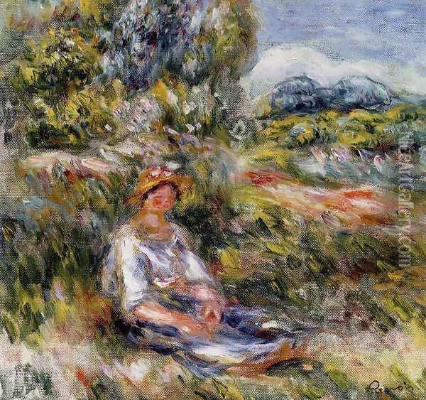 Young Girl Seated In A Meadow Oil Painting - Pierre Auguste Renoir
