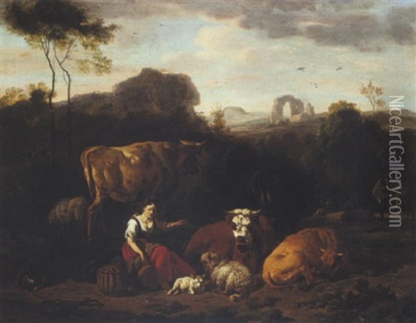 Italianate Landscape With A Shepherdess Resting Near Cattle Oil Painting - Dirk van Bergen