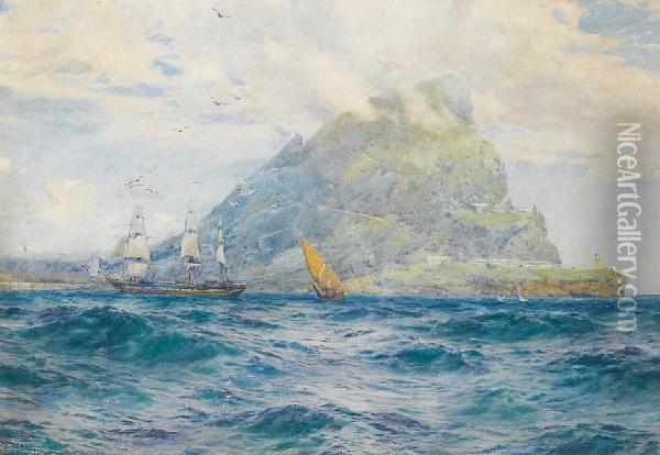 A Three-masted Merchantman Hove-to Offgibraltar With A Xebec, Off Her Stern Oil Painting - John Fraser