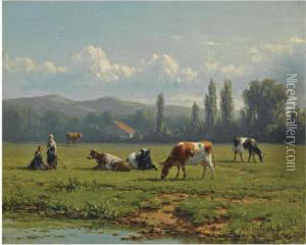 Cows In A Summer Landscape Oil Painting - Jacob Jan van der Maaten