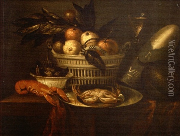 Nature Mort Au Panier De Fruits, Crustaces Et Melon Sur Une Table Oil Painting - Jan Albertsz Rootius