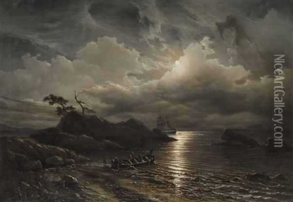 Norwegian Shore In Moonlight Oil Painting - Knud Andreassen Baade