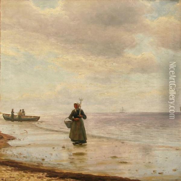 Coastal Scene With A Fisherman's
 Wife And Three Fishermen,presumably From Skagen, Denmark Oil Painting - Holger Peter Svane Lubbers