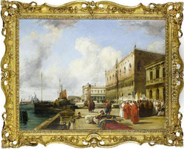 The Doge's Palace And The Riva Degli Schiavoni, Venice Oil Painting - Richard Parkes Bonington