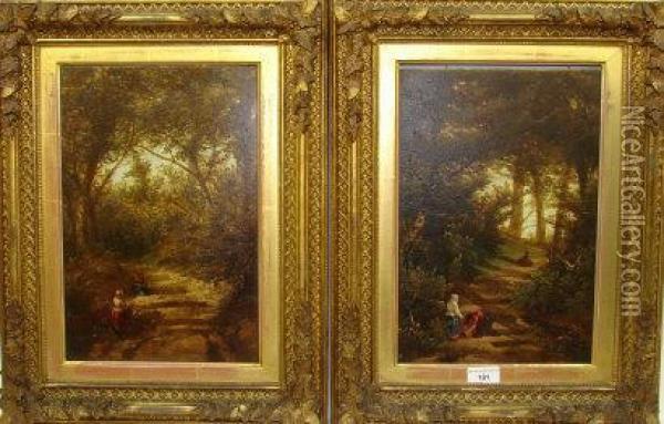 Two Woodland Scenes With Stepped Pathway And Female Figures Oil Painting - William Williams