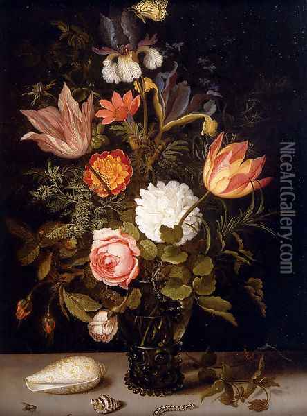 Still Life Of Roses, Tulips, Irises, An African Marigold And Other Flowers In A Roemer Resting On A Ledge, With Two Shells, A Butterfly And Other Insects Oil Painting - Balthasar Van Der Ast