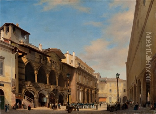 Loggetta Degli Osii E Scuole Palatine (la Piazza Dei Mercanti In Milano) Oil Painting - Luigi Bisi