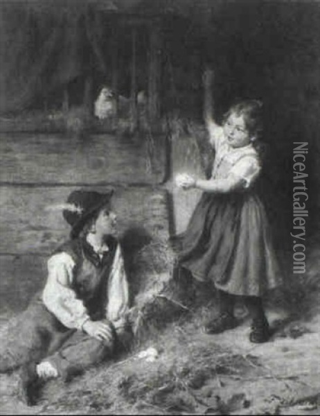 Zwei Kinder Im H_hnerstall Oil Painting - Felix Schlesinger