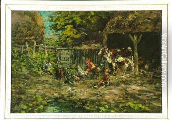 13 1/4in. X 19in. On Board A Calf And Poultry In A Farmyard Signed Oil Painting - John Falconar Slater