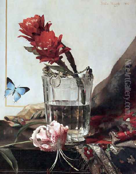 A still life with a flowering cactus in an etched crystal cooler and a butterfly against a gold-trim Oil Painting - Blaise Alexandre Desgoffe