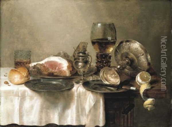 A Ham On A Pewter Platter, A Knife On A Pewter Plate, With A Roll, A Pewter Mustard Pot, A Partly-peeled Lemon, A Giant Roemer... Oil Painting - Willem Claesz Heda