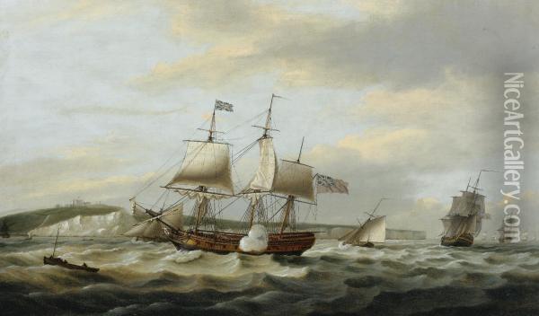 A Merchant Ship Signaling For A Pilot Off The Cliffs Of Dover Oil Painting - Thomas Luny