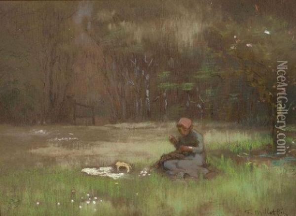 La Couseuse Dans La Prairie Oil Painting - Jean-Francois Millet