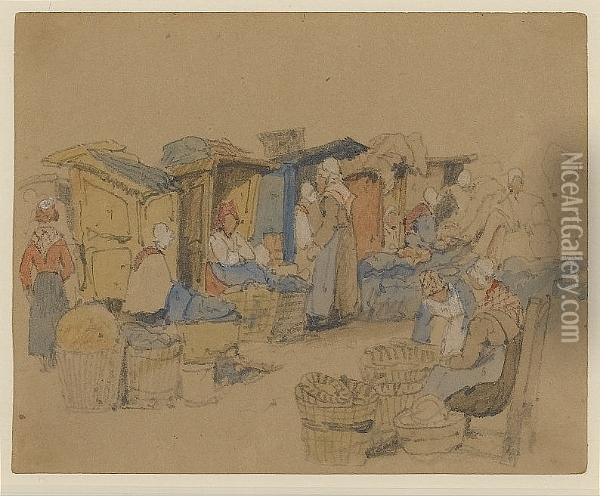 A Study Of Figures At A Market Oil Painting - Samuel Prout