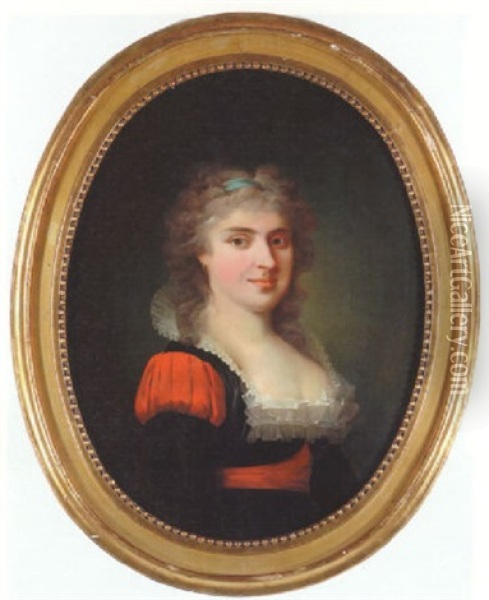 Portraet Af Frederikke Von Staffeldt I Sort Kjole Prydet Med Rode Band Oil Painting - Christian August Lorentzen