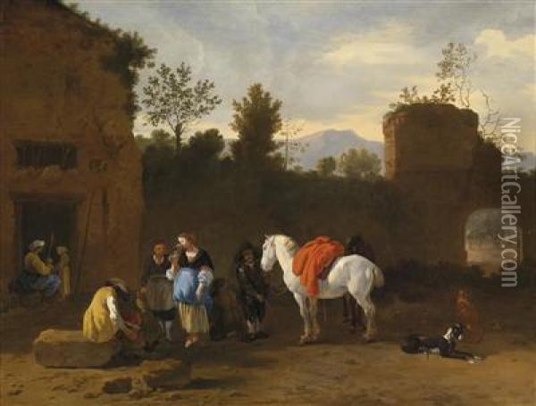 Figures And Horses In Front Of An Inn Oil Painting - Simon Johannes van Douw