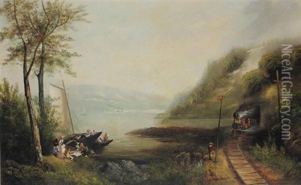 Train Beside The Hudson River Oil Painting - Andrew Melrose