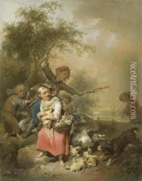 Peasant Children With Ducks And Geese Before A Landscape With Trees Oil Painting - Joseph Conrad Seekatz