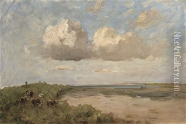 St. Marnock's Strand And Sea With Five Cows Oil Painting - Nathaniel Hone the Younger