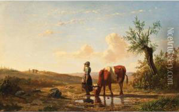 Cowherdess In A Summer Landscape Oil Painting - Simon Van Den Berg