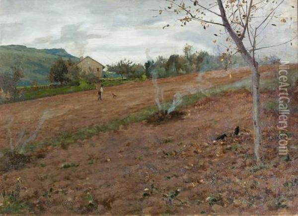 Spatherbstliche Stimmung Auf Dem Acker. Oil Painting - Gustave de Beaumont