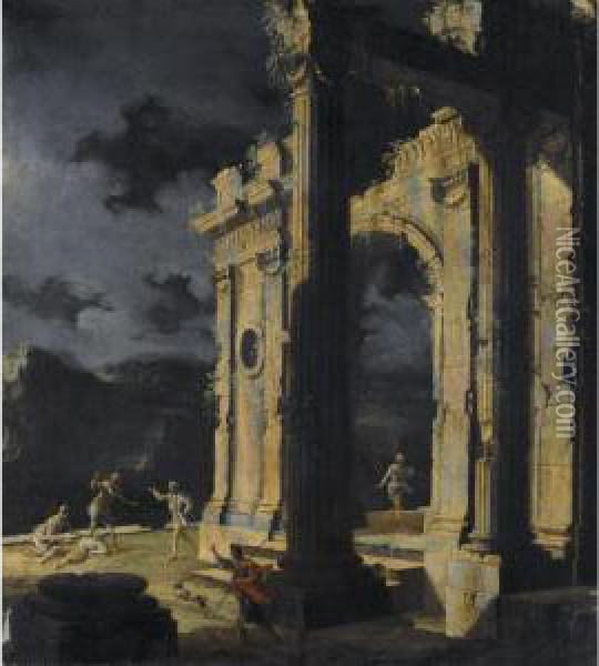 Architectural Capriccio With 
Figures Amongst Ruins Under A Stormy Night Sky Oil Painting - Leonardo Coccorant