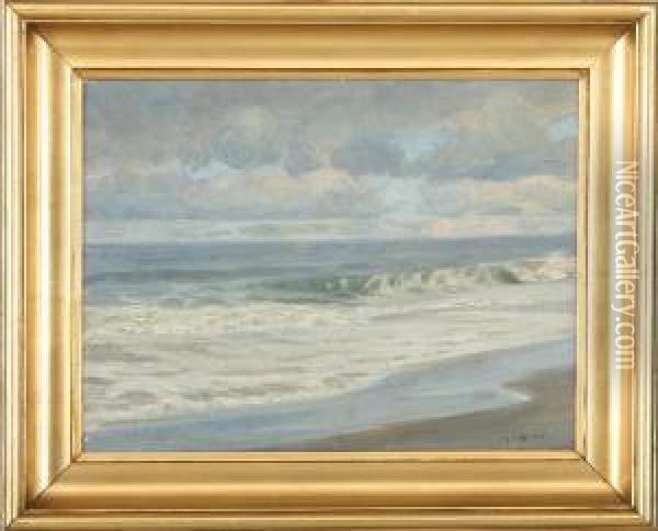 Costal Scenery With Braking Waves Oil Painting - Borge C. Nyrop