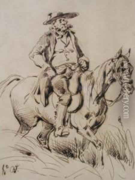 Homme A Cheval Plume Et Encre Brune. Oil Painting - Joseph-Louis Hippolyte Bellange