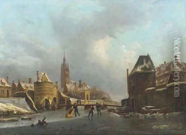 Winterfun on a frozen canal by the Oosterpoort, Delft Oil Painting - Petrus Augustus Beretta