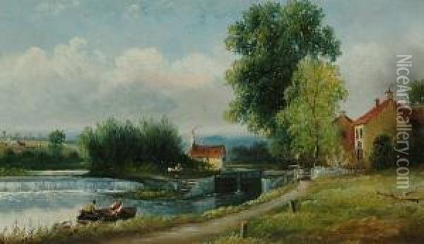 At The Lock; A Watermill Oil Painting - Henry Harris