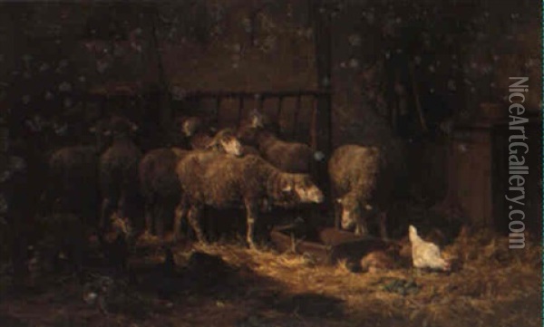 Sheep In An Interior Oil Painting - Charles Emile Jacque