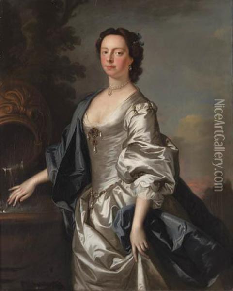 Portrait Of A Lady, Probably 
Elizabeth Morice, Mrs Humphry Hale,three-quarter-length, In An 
Oyster-satin Dress And A Blue Cloak,beside A Fountain, In A Landscape Oil Painting - Allan Ramsay