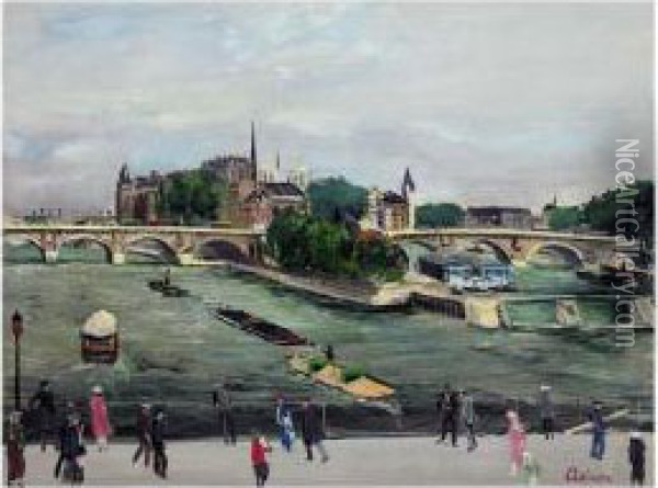 Le Pont Neuf Et L'ile De La Cite, Paris Oil Painting - Lucien Adrion