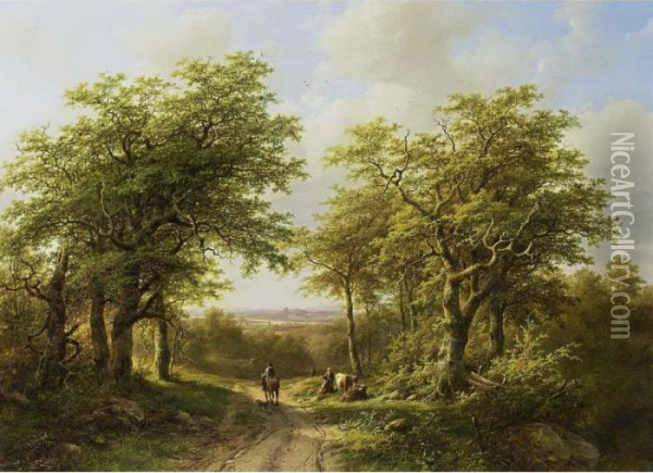 Travellers On A Country Road In A Wooded River Landscape Oil Painting - Barend Cornelis Koekkoek