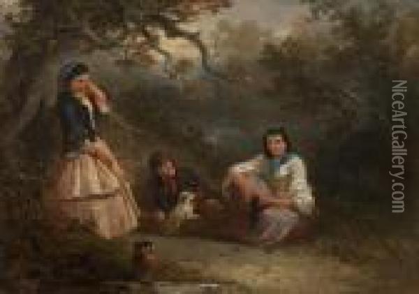 Gypsies With A White Dog Beneath An Old Oak, Dusk Oil Painting - Edward Robert Smythe