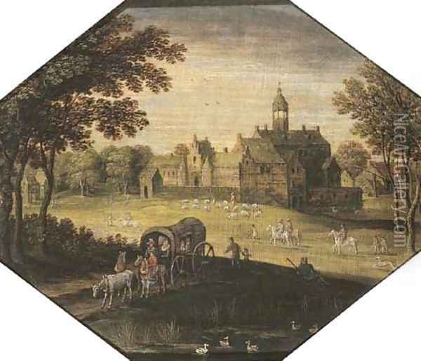 A wooded landscape with travellers in a wagon by a pond, a castle beyond Oil Painting - Maerten Ryckaert